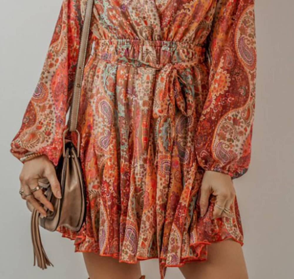 NEW LEGEND OR LIES boho paisley pleated belted dress in orange
